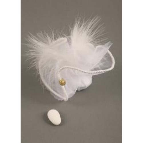 White cord edged wedding favour nets decorated with fluffy white feathers