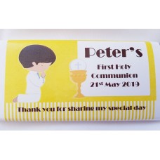 Praying Boy Yellow background Communion Personalised Chocolate